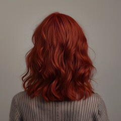 Naklejka premium Back view of a young woman with shoulder-length curly red hair wearing a thin sweatshirt on a neutral gray background. World Redhead Day