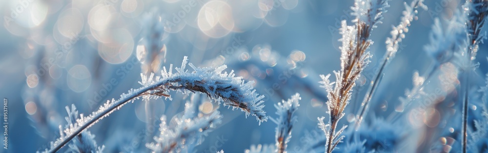 Poster close-up of frost-covered grass blades with a soft, blurred background of out-of-focus sunlight. the