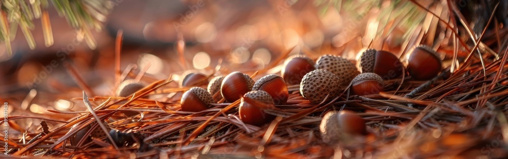Poster a collection of acorns rest amongst the dry needles of a pine tree, bathed in the warm glow of the l
