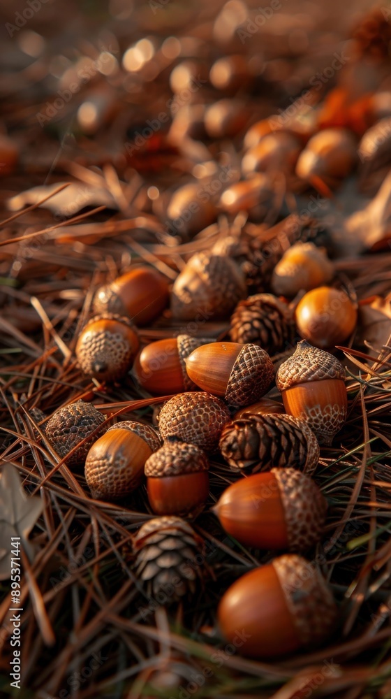 Poster acorns rest on a bed of pine needles in an autumn forest. the sunlight casts a warm glow on the scen