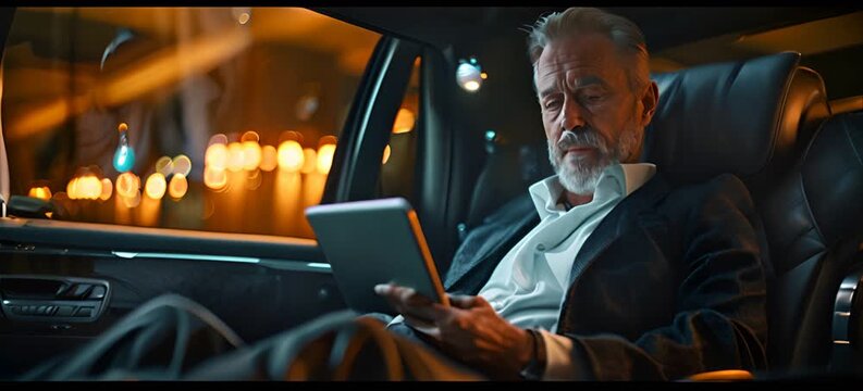 business man sitting in limousine, the seatings are black leather, reading tablet.generative ai