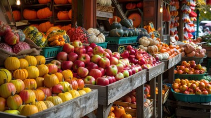 Obraz premium A vibrant display of fresh autumn produce at a local market. The market stalls are overflowing with a variety of fruits and vegetables, including apples, pumpkins, gourds, and squash. The colors are r