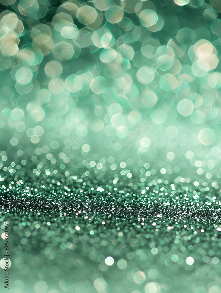 Poster green background with glowing bokeh and sparkles shimmering from the sunlight. texture banner for ad