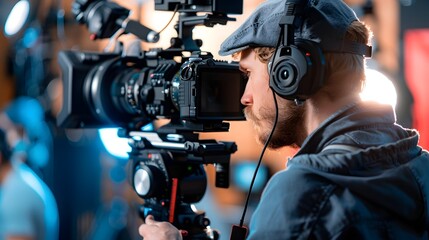 Cinematographer Adjusting Lighting Setup and Backdrop in Studio with Telephoto and Live View Mode