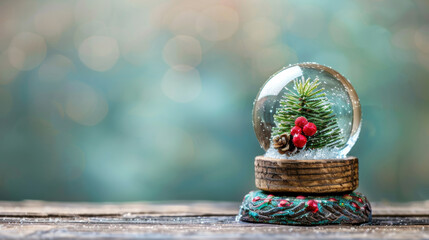 Christmas transparent snowball. Holiday Christmas background with elegant festive snowy glass ball. Happy New Year and Merry Christmas. Xmas snow globe