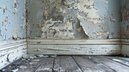 Dilapidated room's corner with peeling walls, splintered paint on the floor, and baseboard