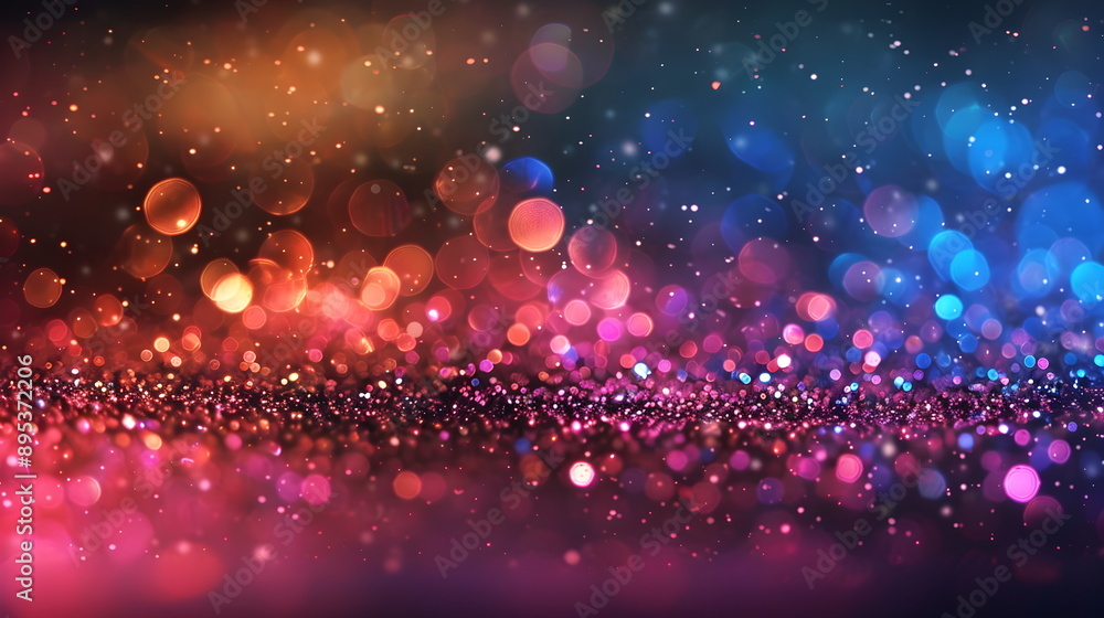 Poster the christmas background is filled with colorful rainbow sparkles, shimmering with the bokeh effect 