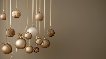 Merry Christmas and Happy New Year festive background decorations balls hanging on a ribbon