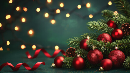Merry Christmas and Happy New Year festive background decorations balls hanging on a ribbon