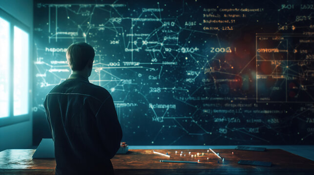 a young scientist is looking at a blackboard on which various mathematical and chemical formulas are written. - Powered by Adobe