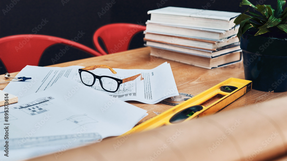 Poster planning, project and architecture in office with blueprint, glasses and measurement for building. w