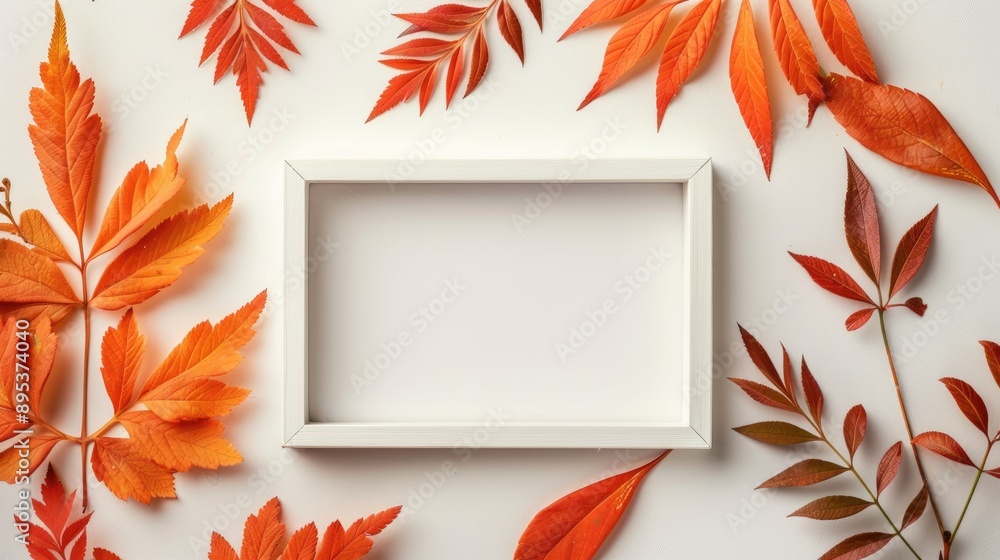 Poster leaves of the rowan tree and empty picture frame on a white backdrop