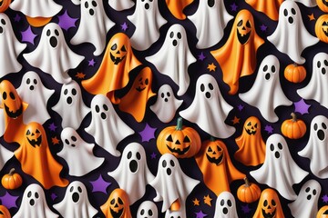 Happy Halloween seamless vector pattern with funny smiley faces icons and spooky elements