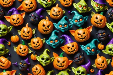 Happy Halloween seamless vector pattern with funny smiley faces icons and spooky elements
