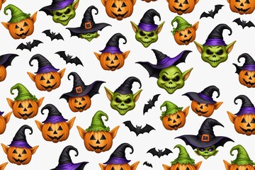 Obraz premium Happy Halloween seamless vector pattern with funny smiley faces icons and spooky elements