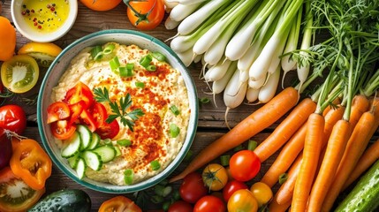 A colorful assortment of fresh vegetable sticks and hummus, top-down view, bright and vibrant tones, highly detailed