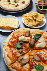 Portrait Various Food With Rugby Helmet. Watching Sports Game Match Concept