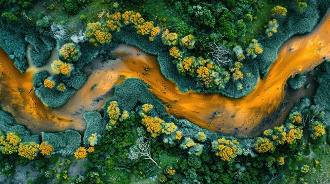 Blue and green moss-covered rocks by a blue and yellow river in a lush green forest with summer leaves and a touch of autumn