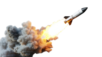 Missile rocket with fire trail isolated on white background.