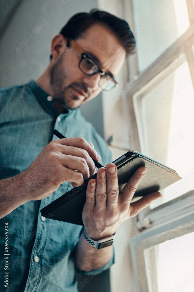 Poster Design, hands and tablet with business man at window in office from below for planning or research. Creative, internet and technology with developer in workplace for administration or information