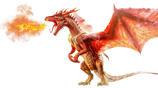 Fire breathing dragon isolated on white background.