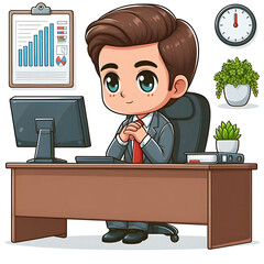 Happy businessman is sitting at desktop. Work the computer, financial analytics. Office worker or company employee. Front and back side. Vector illustration in cartoon style
