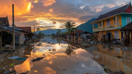 Fototapeta premium Flooded street in a village after heavy rain