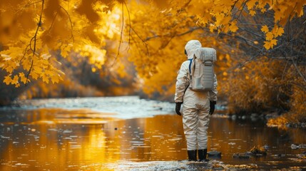 Fototapeta premium Scientist in a white suit standing by a river in an autumn forest with golden leaves