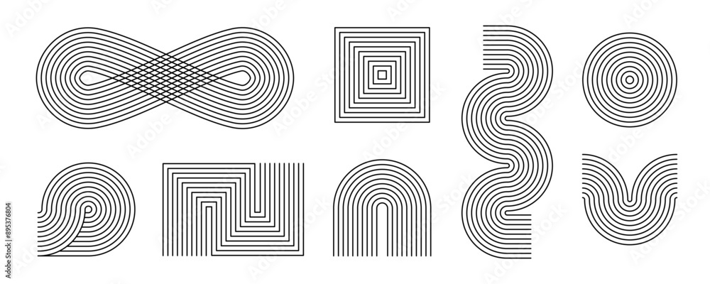Poster Black linear boho style arch and wave set. Mid century curve shapes collection. Decorative line arc elements for graphic design template, poster, banner, cover. Vector wavy zigzag and endless forms