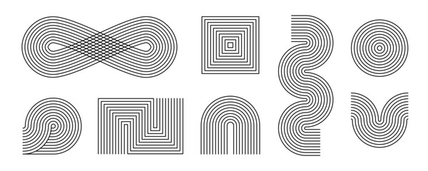 Black linear boho style arch and wave set. Mid century curve shapes collection. Decorative line arc elements for graphic design template, poster, banner, cover. Vector wavy zigzag and endless forms