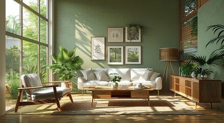 Obraz premium Elegant Mid-Century Modern Living Room with Light Green Walls and Wooden Furniture