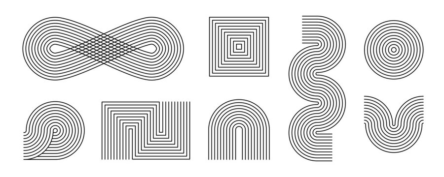 Black linear boho style arch and wave set. Mid century curve shapes collection. Decorative line arc elements for graphic design template, poster, banner, cover. Vector wavy zigzag and endless forms