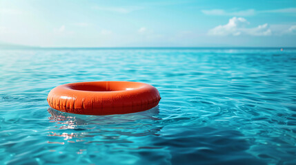 Obraz premium Serene Water Scene with Vibrant Inflatable Ring for Graphic Design Space