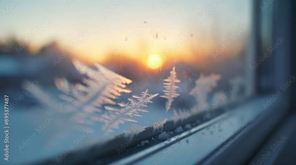 Poster a window with frost on it and a sun in the background