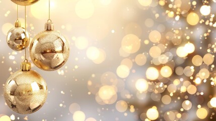 A gold colored Christmas tree with three gold colored ornaments hanging from it