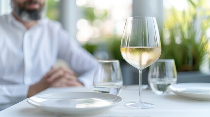 Obraz premium A man sits at a table with a wine glass and two water glasses