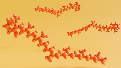 3d rendering of a torulene molecule, it is a natural red pigment belonging to the carotenoid family.