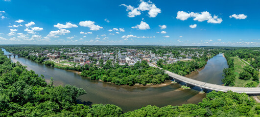 Aerial view Fredericksburg Virginia with Circuit Court building , historic business district,...