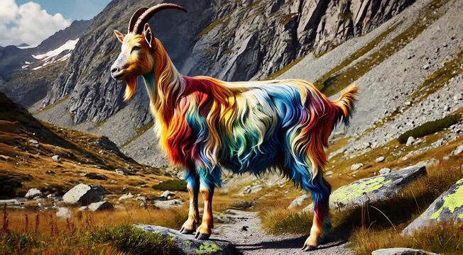 A uniquely colorful goat with vibrant fur stands in a rocky mountain landscape, showcasing the beauty and diversity of nature.
