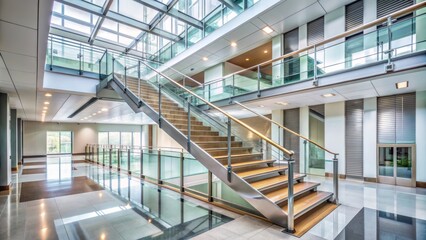 Obraz premium Modern staircase with metallic handrails and glass sides connecting floors in a large institutional building with stark white walls.