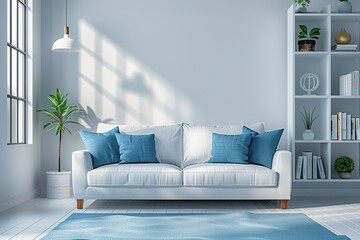 Obraz premium Minimalist living room interior with sofa and bookshelves in modern home. White walls and blue accents, ultra-realistic design concept.