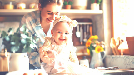 Fototapeta premium Spring cleaning. Mother holding little baby daughter and cleaning table in kitchen interior, mom and infant doing house chores together 