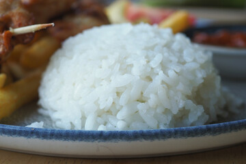 Closeup of a plate featuring white rice, French fries, and a fork, creating a delicious meal