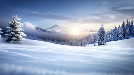 A snowy landscape with a mountain in the background and a tree in the foreground