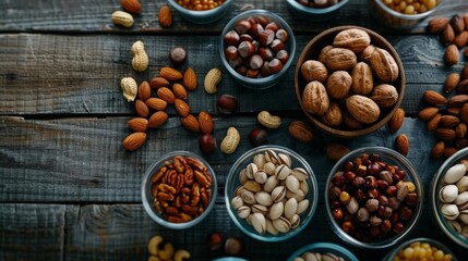 Obraz premium A variety of nuts and dried fruits in small bowls, top-down view, warm and natural tones, highly detailed