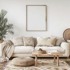 Cozy Living Room Interior with Wooden Coffee Table, Cushioned Sofa and Blank Frame Mockup