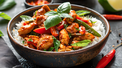 Fototapeta premium Fragrant Thai Red Curry with Chicken, Bamboo, and Jasmine Rice bell bamboo shooting