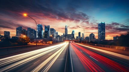 Fototapeta premium Cityscape with Highway and Sunset.