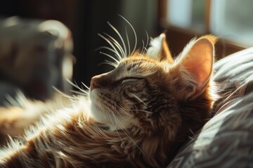 Cozy cat napping in sunlight. Soft fur glows, whiskers catch light. Peaceful feline bliss captured in warm, intimate close-up.