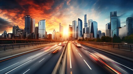 Cityscape with Sunset and Traffic Blur.